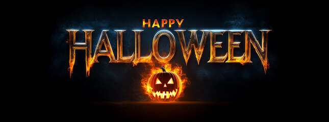 Happy Halloween text on fire with pumpkin on black background. 3D special effect burning spooky October 31 Holiday party with copy space for advertising 