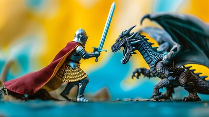 A toy knight battling a dragon on a blue and yellow background