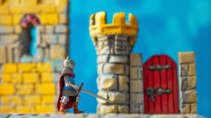 Fototapeta premium A toy knight defending a castle gate on a blue and yellow background