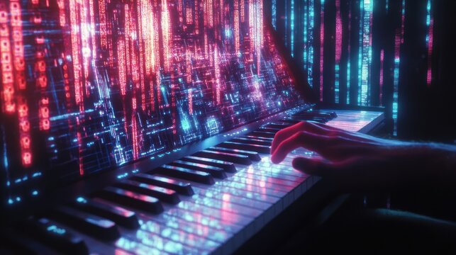 A Hand Playing a Keyboard with Red and Blue Neon Lights - Powered by Adobe