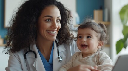 Smiling Latin American Doctor Conducts Virtual Pediatric Health Consultation with Young Mother and Child on Telemedicine Platform