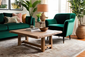 Stylish Bohemian Home Decor with Green Velvet Lounge Chair and Rustic Oak Coffee Table