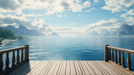 Obraz premium Standing on a wooden deck with no railings, the endless ocean dominates the front view