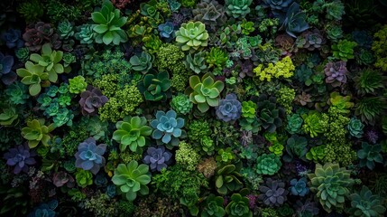 A lush collection of succulent plants thrives in a garden bed, showcasing a vibrant mix of greens, purples, and blues in an eye-catching symmetrical pattern