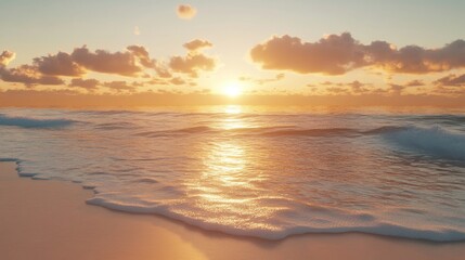 Fototapeta premium Sunset over a tranquil beach, golden light reflecting on the water