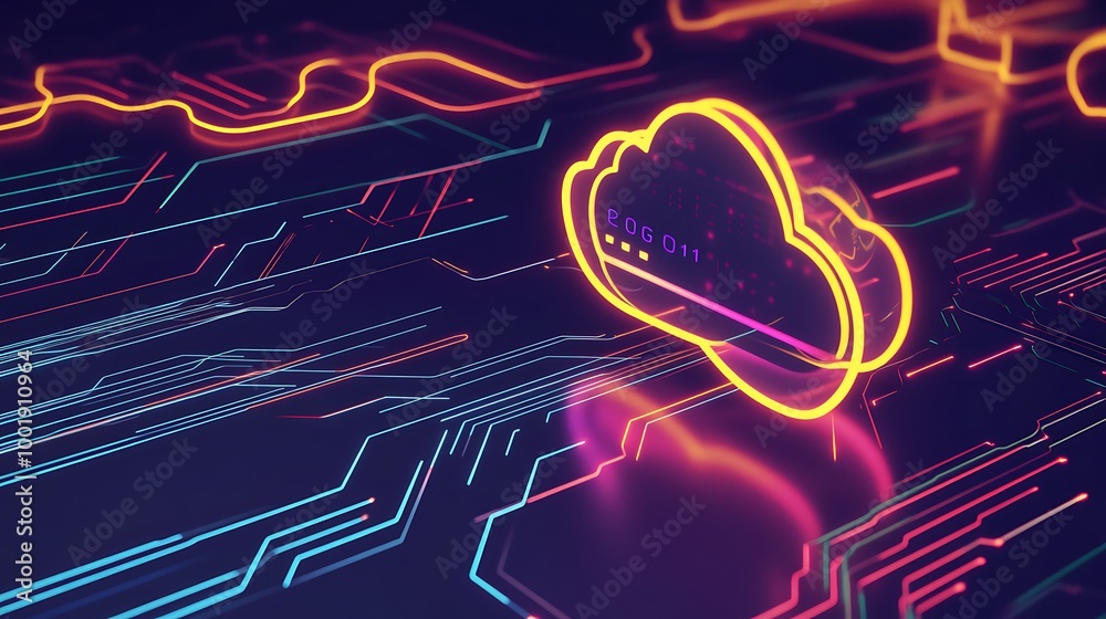 Poster Neon cloud computing symbol on a digital circuit board.