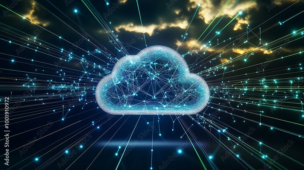 Aufkleber Abstract cloud computing concept with lines and glowing particles against a dramatic stormy sky.