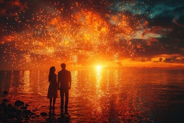 Fototapeta premium Romantic Sunset with Sparks Over Water at Dusk