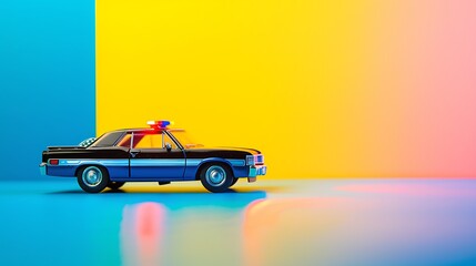 A toy police car with flashing lights on a blue and yellow background