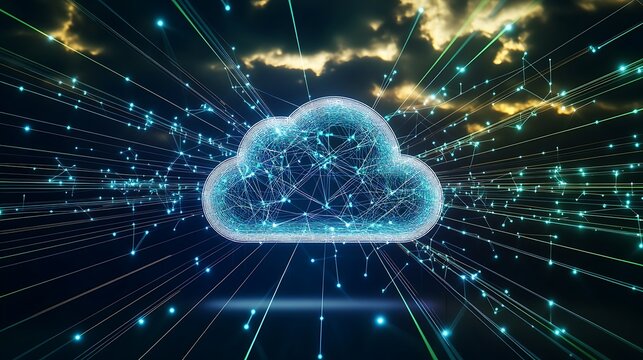 Abstract cloud computing concept with lines and glowing particles against a dramatic stormy sky.