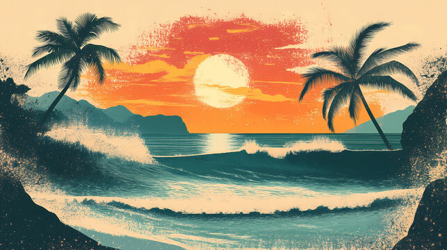 Sunset vintage retro style beach surf poster vector illustration. Retro Illustration. Illustration
