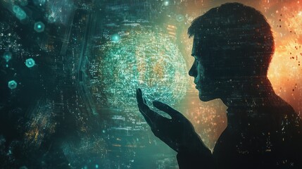 Silhouette of a Person Reaching Out to a Digital Globe