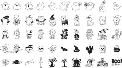 Set of halloween Ghost pumpkin outline black icon and character. Vector element illustration. Isolated on white background.