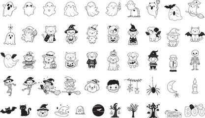 Set of halloween Ghost pumpkin outline black icon and character. Vector element illustration. Isolated on white backgroun