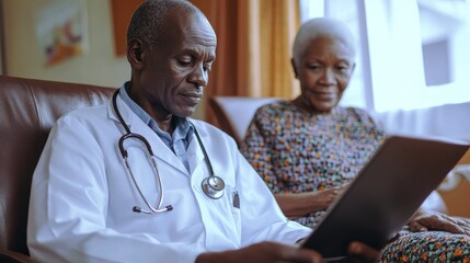 Compassionate Tanzanian Doctor Providing Telemedicine Care to Senior Patient Using Digital Health Tools in Professional Setup