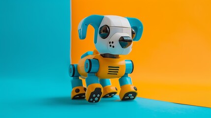 Fototapeta premium A toy robot dog on a blue and yellow background