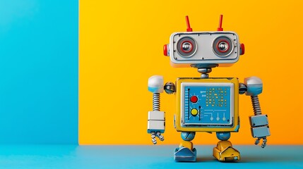 Naklejka premium A toy robot with a command center on a blue and yellow background