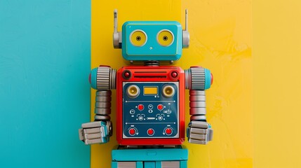 Fototapeta premium A toy robot with a control panel and charging dock on a blue and yellow background