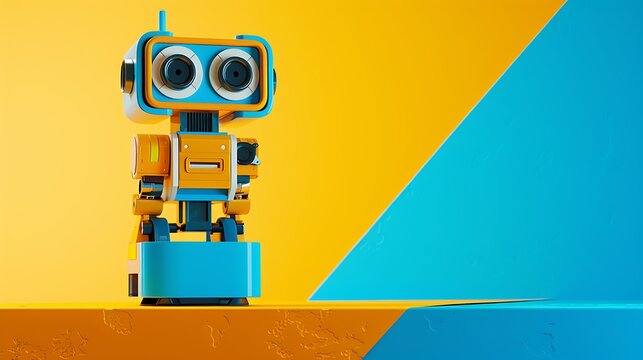 A toy robot with a charging dock on a blue and yellow background