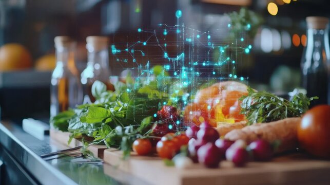 Fresh Produce with Abstract Digital Overlay on a Wooden Cutting Board