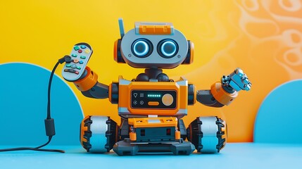 Obraz premium A toy robot with a remote control and charging dock on a blue and yellow background