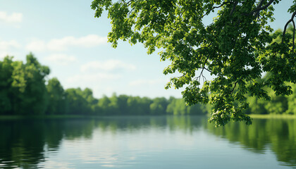 Serene lake view surrounded by lush green foliage and clear blue sky.