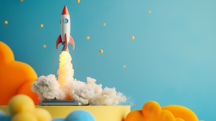 A toy rocket blasting off from a launchpad on a blue and yellow background