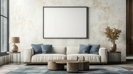Comfortable living room. Sofa with cushions in front of pastel colored wall, Blue, white and beige color scheme	