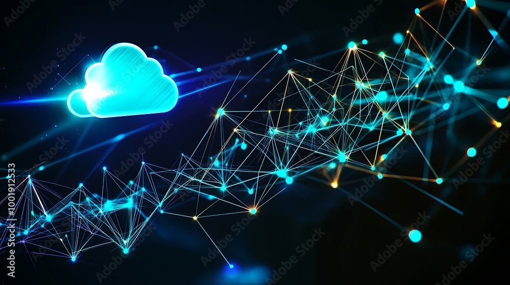 Poster Cloud computing concept with a glowing cloud icon and a network of connected lines and dots.