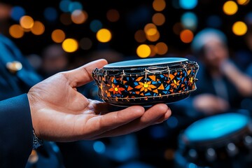 Tambourine shaking in a musicianâ€™s hand, capturing the motion and sound energy of the instrument in the middle of a lively performance