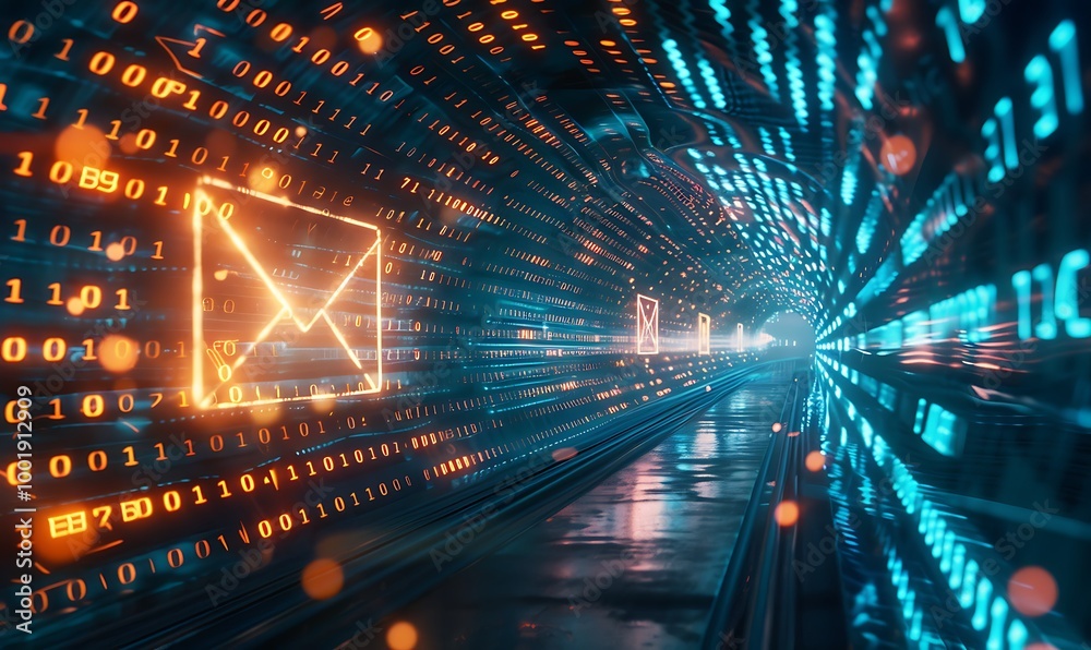 Fototapete Glowing Digital Envelope Moving Through Light Tunnel with Binary Code and Motion Blur