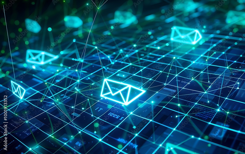 Poster Abstract Digital Messaging with Luminous Lines and Message Icons Over Grid