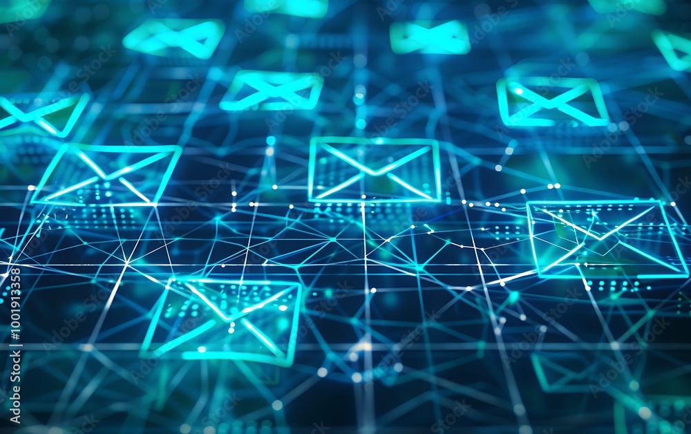 Poster Abstract Digital Messaging with Luminous Lines and Message Icons Over Grid