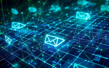 Abstract Digital Messaging with Luminous Lines and Message Icons Over Grid