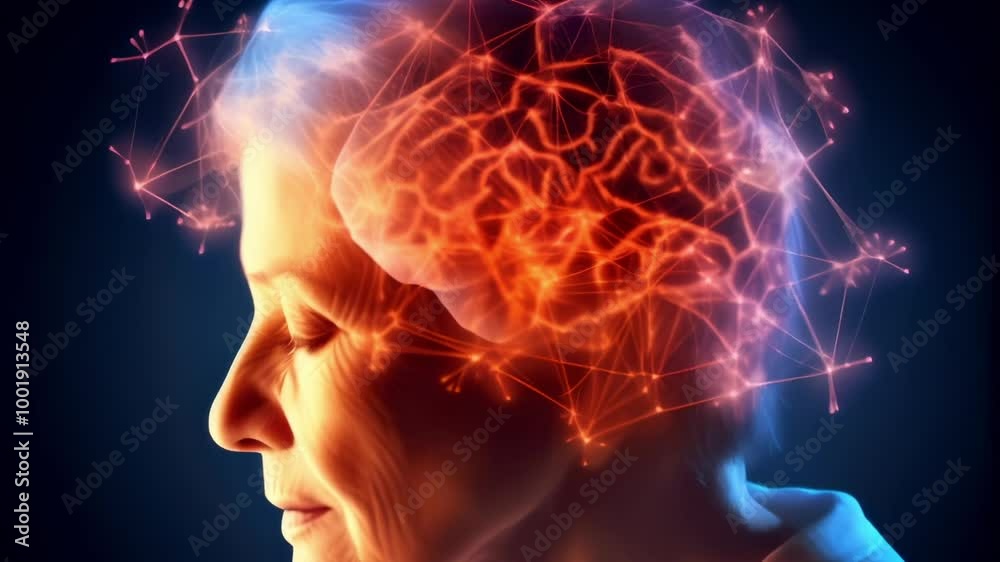 Poster profile of a senior woman with her eyes closed and a visible brain with network connections, symboli