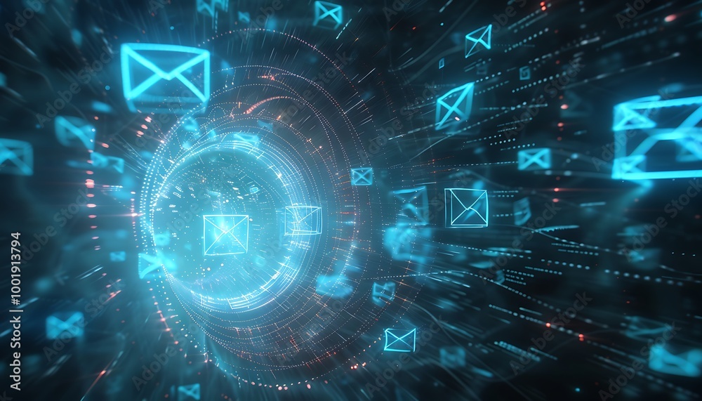 Poster Envelopes and Chat Bubbles Swirling in Digital Vortex with Soft Blue Light