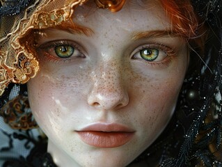 Close-up Portrait of a Woman with Green Eyes and Freckles