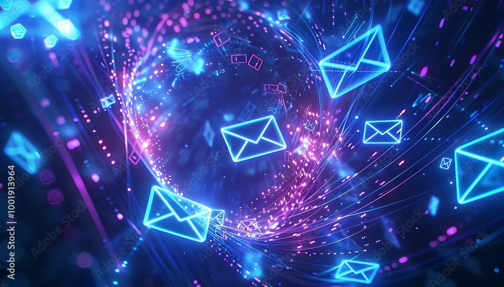Aufkleber envelopes and chat bubbles swirling in digital vortex with soft blue light