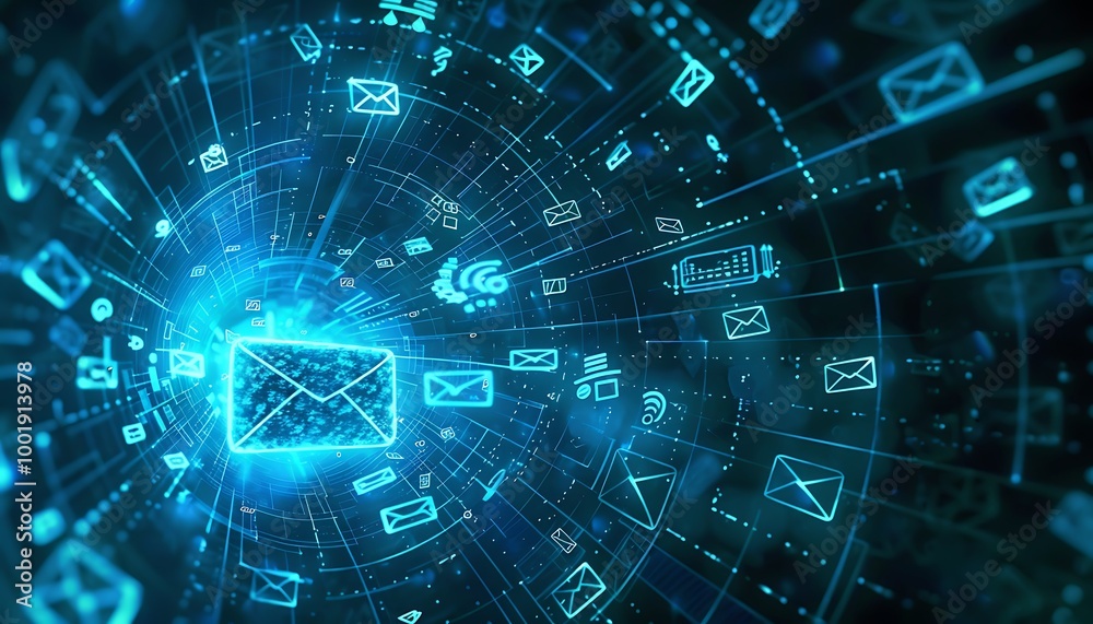 Poster Envelopes and Chat Bubbles Swirling in Digital Vortex with Soft Blue Light