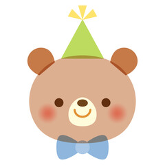 Cute smiling bear with party hat and bow tie, using soft pastel colors and an overprint effect for a playful, textured look.