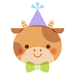 Cute smiling cow with party hat and bow tie, using soft pastel colors and an overprint effect for a playful, textured look.