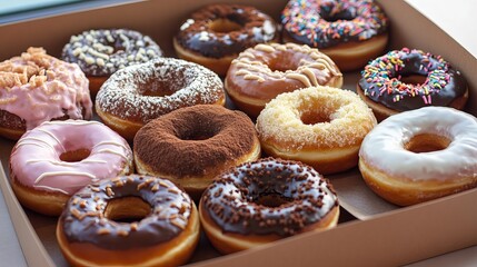 Variety of types of donuts assembled in a box. 