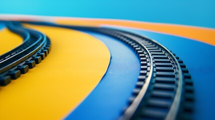 A toy train track looping on a blue and yellow background