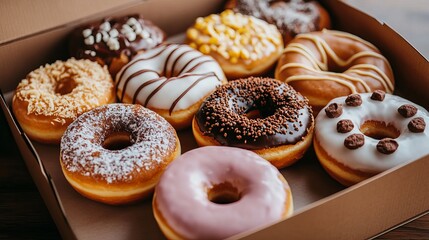 Variety of types of donuts assembled in a box. 