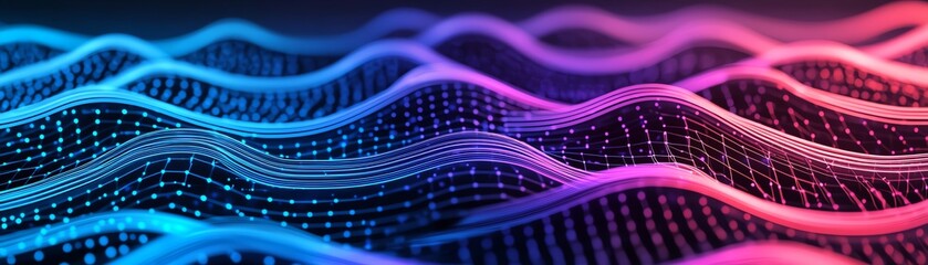 Cyber grid background with glowing neon lines and futuristic placeholders, abstract digital waves in blue and purple, high-tech look background, placeholder, cyber