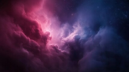 An eerie sky showcases swirling dark clouds with striking magenta and violet streaks. The ground is hidden in mist, offering a surreal view with stars peeking through the atmospheric haze