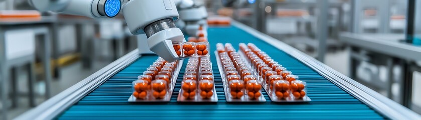 Machine learning-powered robotic systems producing advanced medicines in a high-tech pharmaceutical facility, pharmaceutical industry, AI-driven production