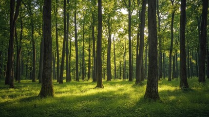 Naklejka premium A dense forest, fresh nature with tall trees and lush green grass