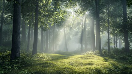 Obraz premium A misty forest at dawn, with soft light gently breaking through the thick canopy