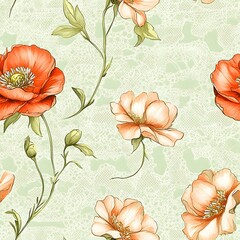 A delicate floral pattern with red and peach flowers on a green lace background.